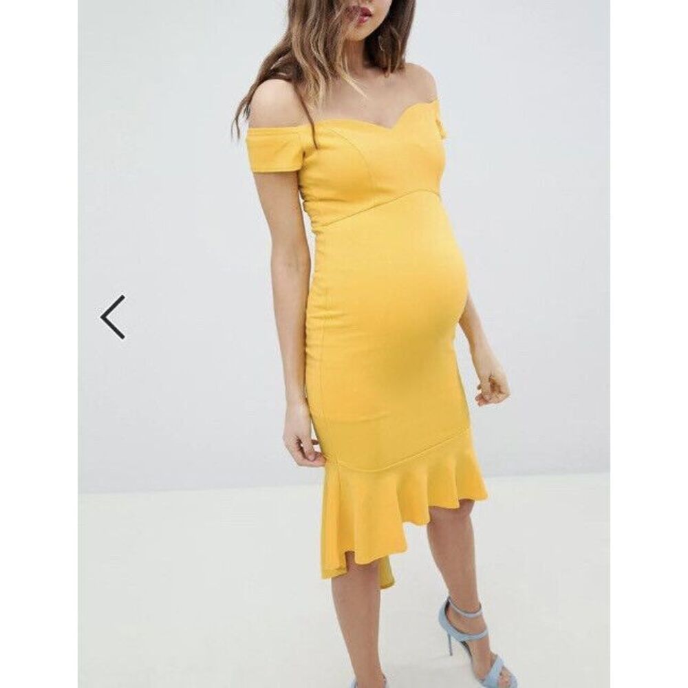 Queen Bee Maternity Off The Shoulder Dress Size 18 Ruffle Yellow Cocktail Beach